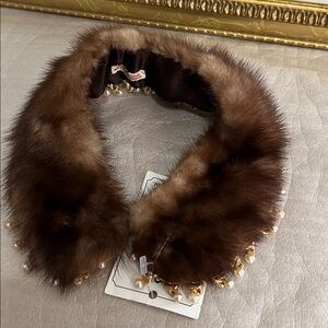 Brown Fur Scarf with Gold Trim